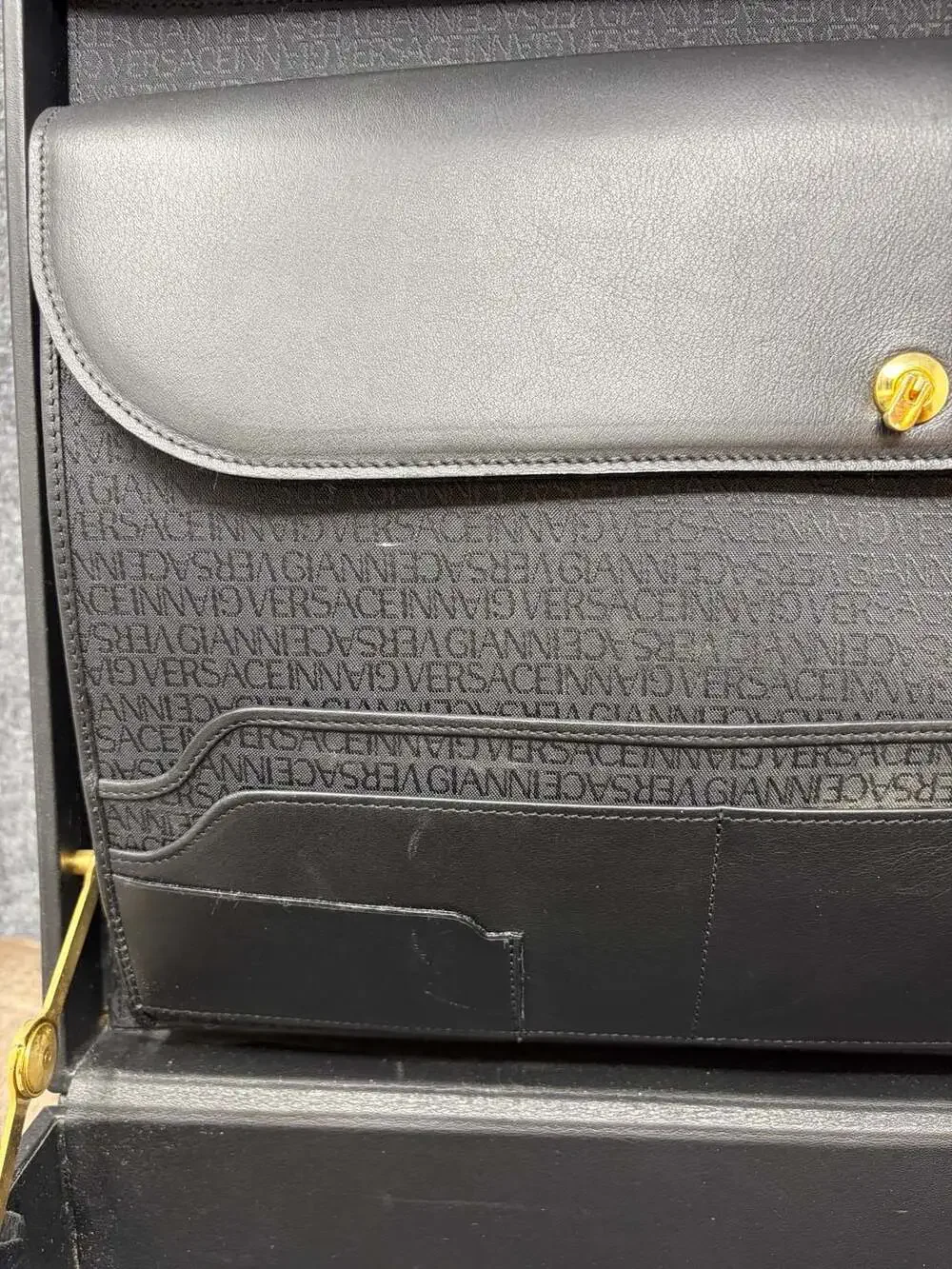 Gianni Versace Vintage Medusa Embossed Black Leather Hard Case Briefcase-Luxury